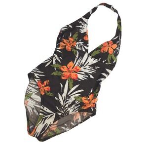 Girl's Tropical Floral Halter One Piece Swimsuit Black Orange Padded V-Neck 14